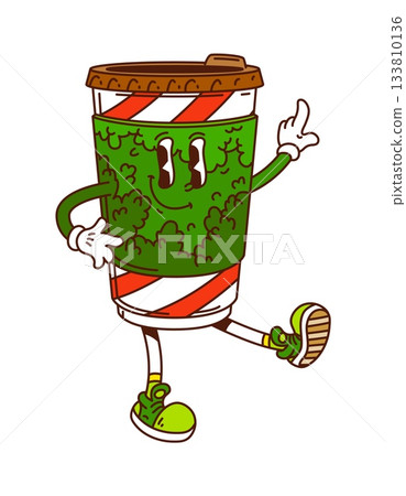 Groovy hot chocolate character in paper cup with green cover. Retro Christmas drink mascot with happy smiling face. Funny vector personage for holiday party and winter cafe menu Groovy hot chocolate character in paper cup with green cover. Retro Christmas drink mascot with happy smiling face. Funny vector personage for holiday party and winter cafe menu 133810136