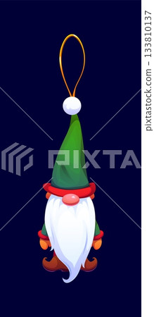 Cartoon Christmas tree decoration of elf gnome for Xmas tree, vector icon. Christmas ornament and New Year winter holiday decoration of magic elf gnome with beard, hat cap and pompom for New Year Cartoon Christmas tree decoration of elf gnome for Xmas tree, vector icon. Christmas ornament and New Year winter holiday decoration of magic elf gnome with beard, hat cap and pompom for New Year 133810137