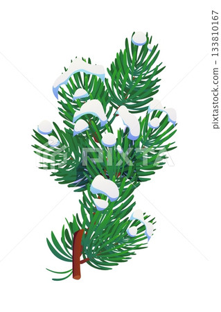 Pine or fir tree branch in winter snow for Christmas winter holiday, cartoon vector. Fir, pine or spruce tree snowy branch covered with snow flake piles for Christmas wreath decoration and New Year Pine or fir tree branch in winter snow for Christmas winter holiday, cartoon vector. Fir, pine or spruce tree snowy branch covered with snow flake piles for Christmas wreath decoration and New Year 133810167