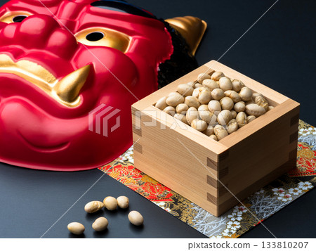 Still life image of Setsubun bean throwing and red demon mask Still life image of Setsubun bean throwing and red demon mask 133810207