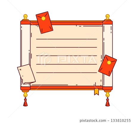 Asian parchment scroll, chinese kids memo note frame. Child schedule vector Japanese aesthetics frame, planner Korean label. Kids diary Asian motif sticker with ancient scroll and letters envelopes 133810255