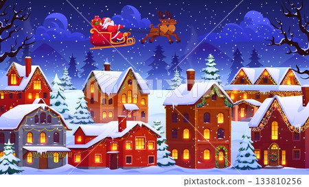Cartoon Santa on sleigh flying above Christmas town. Xmas winter holiday night vector banner of Christmas town street snowy landscape with cozy houses and pine trees, reindeer sleigh, Santa and gifts Cartoon Santa on sleigh flying above Christmas town. Xmas winter holiday night vector banner of Christmas town street snowy landscape with cozy houses and pine trees, reindeer sleigh, Santa and gifts 133810256