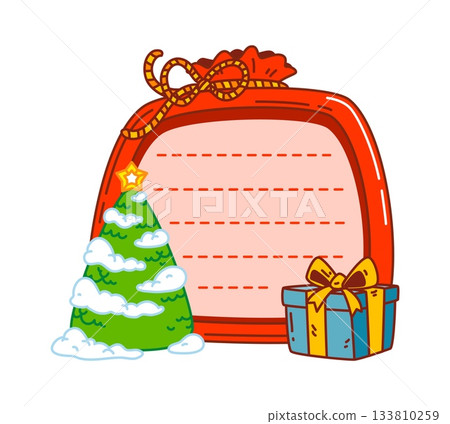 Christmas Santa gift bag kids memo note template. Christmas holiday scrapbook cartoon vector frame, happy New Year memo note sticker. Merry Xmas kids diary label with red sack, pine tree and gift box Christmas Santa gift bag kids memo note template. Christmas holiday scrapbook cartoon vector frame, happy New Year memo note sticker. Merry Xmas kids diary label with red sack, pine tree and gift box 133810259