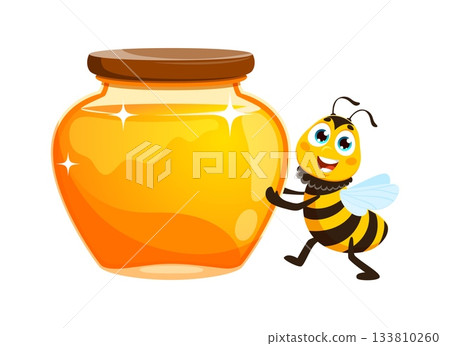 Honey jar and bee insect cartoon character. Bumblebee animal happy mascot, garden bee insect cute vector character. Honeybee baby funny isolated personage carrying fresh honey in glass jar 133810260