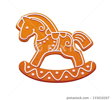 Christmas gingerbread rocking horse cookie decorated with curved icing details and sweet dots. Cartoon vector festive pastry with pony shape, winter holiday treat, handcrafted, seasonal bakery delight 133810267