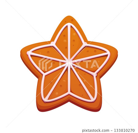 Cartoon Christmas star gingerbread cookie with white icing lines forming a festive ornament, warm baked texture and sweet glaze. Vector cozy winter holiday dessert, homemade yummy confectionery treat Cartoon Christmas star gingerbread cookie with white icing lines forming a festive ornament, warm baked texture and sweet glaze. Vector cozy winter holiday dessert, homemade yummy confectionery treat 133810270