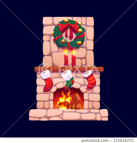 Cartoon Christmas fireplace with warm fire inside the stone furnace, hanging stocking on the shelf and glowing wreath above. Cozy retro vector xmas room interior with candles, traditional winter home Cartoon Christmas fireplace with warm fire inside the stone furnace, hanging stocking on the shelf and glowing wreath above. Cozy retro vector xmas room interior with candles, traditional winter home 133810272