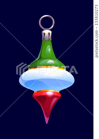 Cartoon spinning top bauble Christmas tree decoration. Shiny vector vintage hanging ornament for winter xmas celebration, retro toy, classic festive decor for seasonal for merry holiday atmosphere Cartoon spinning top bauble Christmas tree decoration. Shiny vector vintage hanging ornament for winter xmas celebration, retro toy, classic festive decor for seasonal for merry holiday atmosphere 133810273