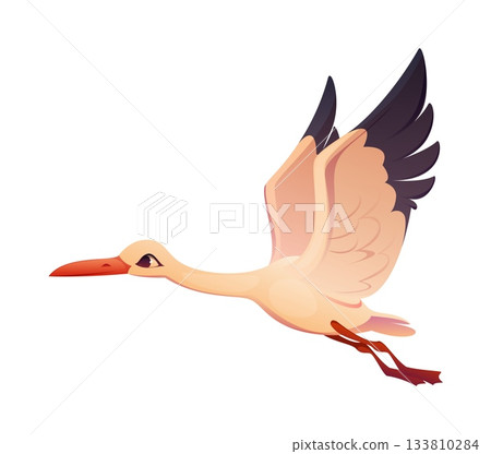 Cartoon Japanese crane flying with wings outstretched, symbolizing New Year, peace and longevity in Japan culture. Vector graceful bird features soft feathers, a long red beak, and elegant posture 133810284