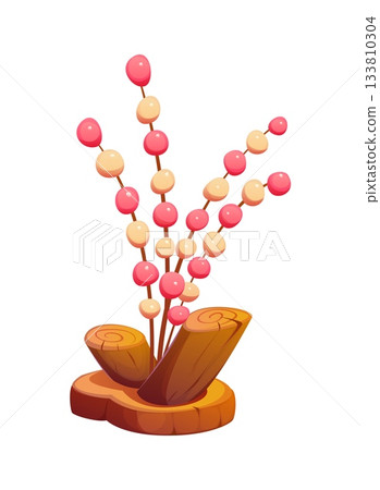 Cartoon Japanese new year decoration featuring mizuhiki arrangement with mochi balls on twigs, set in a wooden base. Seasonal festive traditional holiday decor, symbolizes good fortune and prosperity 133810304