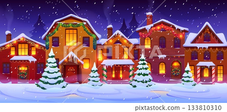 Winter Christmas town, night city snowy neighborhood houses, cartoon Xmas village landscape. Christmas holiday vector background with cozy scene of winter town street, snow house and cottage buildings 133810310