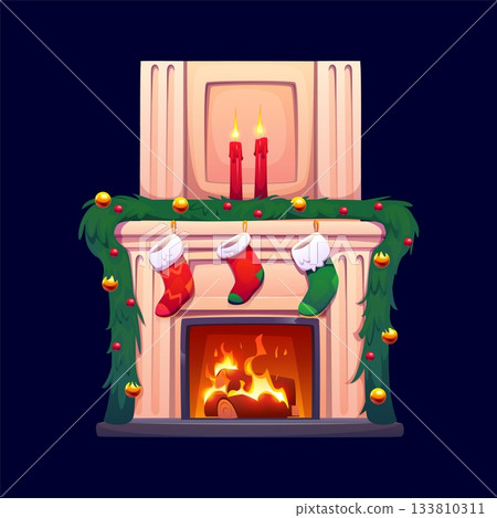 Cartoon Christmas fireplace interior with warm flame inside the furnace, hanging stockings on the shelf, burning candles and long garland fir branch with ornaments. Vector cozy chimney for winter home 133810311