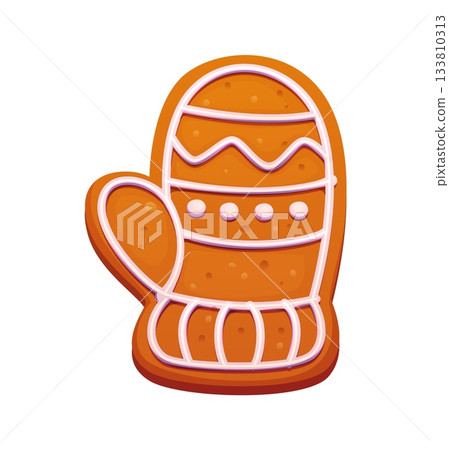 Cartoon cute mitten Christmas gingerbread cookie, winter biscuit advent treat with icing candy lines and decorated pattern. Vector baked dessert figure, tasty food for merry xmas holiday celebration 133810313