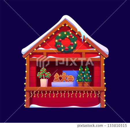 Christmas market stall with wreath, gifts, candies and cookies. Cozy winter kiosk booth with festive garland, tree decor and holiday lights. Cartoon vector wooden night shop for seasonal celebration Christmas market stall with wreath, gifts, candies and cookies. Cozy winter kiosk booth with festive garland, tree decor and holiday lights. Cartoon vector wooden night shop for seasonal celebration 133810315