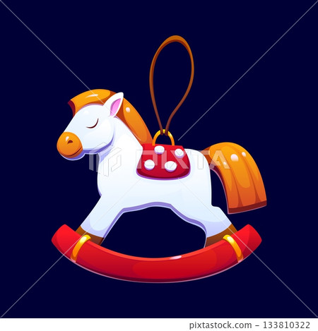 Cartoon Christmas tree decoration toy horse ornament. Isolated vector winter hanging festive piece with glossy bright colors. Cute vintage xmas holiday decor, merry traditional shape for celebration Cartoon Christmas tree decoration toy horse ornament. Isolated vector winter hanging festive piece with glossy bright colors. Cute vintage xmas holiday decor, merry traditional shape for celebration 133810322