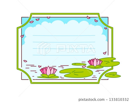 Kids memo note, Japanese, Korean or Chinese theme for message sticker, cartoon vector frame. Kids memo note or adhesive post and task planner label with lotus flowers in water for sticky memo note 133810332