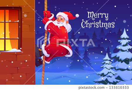 Santa climbing rope up brick wall to roof at Christmas winter holiday night, vector Merry Xmas greeting card. Cartoon funny Santa Claus in red costume with hat delivering Christmas gifts 133810333