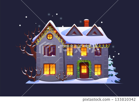 Christmas house in snow with lights in windows for winter holiday, cartoon vector. Village house or town cottage at night with fir tree and Christmas light garland decoration on door porch and roof Christmas house in snow with lights in windows for winter holiday, cartoon vector. Village house or town cottage at night with fir tree and Christmas light garland decoration on door porch and roof 133810342