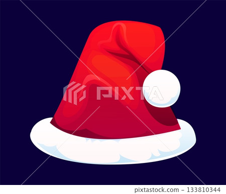 Cartoon Christmas Santa hat. Red, pointed cap with fluffy white pompom at the tip and a fur band around the base. Part of Santa Claus traditional outfit, symbolizing festive cheer and holiday spirit Cartoon Christmas Santa hat. Red, pointed cap with fluffy white pompom at the tip and a fur band around the base. Part of Santa Claus traditional outfit, symbolizing festive cheer and holiday spirit 133810344