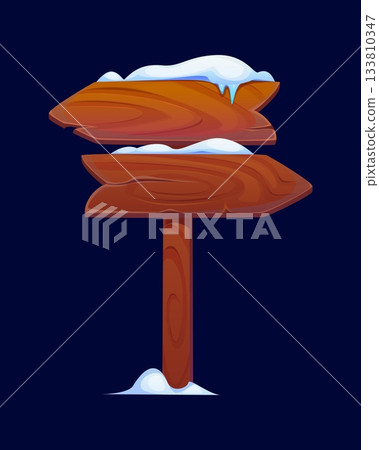 Wooden winter Christmas sign board with rustic wood texture. Isolated cartoon vector festive North Pole directional wood signpost with two arrows pointing in opposite directions covered with snow 133810347