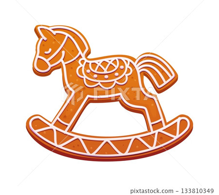 Christmas gingerbread rocking horse cookie with white icing lines. Cartoon vector sweet festive treat shaped as a pony, traditional dessert with decorative sugar pattern, cozy holiday seasonal bakery Christmas gingerbread rocking horse cookie with white icing lines. Cartoon vector sweet festive treat shaped as a pony, traditional dessert with decorative sugar pattern, cozy holiday seasonal bakery 133810349