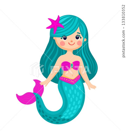 Underwater little mermaid princess cartoon happy character. Fairytale sea princess cute mascot, fantasy underwater girl vector character. Ocean mermaid personage with turquoise hair, pink tail and bra Underwater little mermaid princess cartoon happy character. Fairytale sea princess cute mascot, fantasy underwater girl vector character. Ocean mermaid personage with turquoise hair, pink tail and bra 133810352