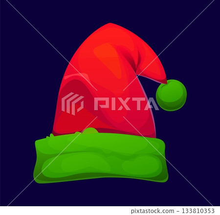 Elf hat for Christmas winter holiday or gnome cap with pompom, vector cartoon icon. Xmas and New Year red hat with green fur pompon for party costume garment of elf gnome and winter holiday greeting 133810353