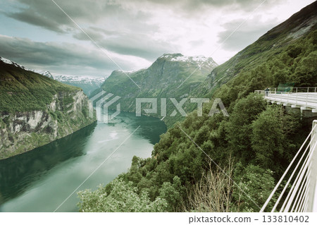 View on Geirangerfjord from Flydasjuvet viewpoint Norway View on Geirangerfjord from Flydasjuvet viewpoint Norway 133810402