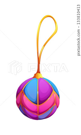 Cartoon Japanese Kimekomi ball, bright sphere with decorative embroidery stitched patterns. Traditional New Year ornament with hanging loop. Vector festive Asian Christmas toy, textile decoration Cartoon Japanese Kimekomi ball, bright sphere with decorative embroidery stitched patterns. Traditional New Year ornament with hanging loop. Vector festive Asian Christmas toy, textile decoration 133810413
