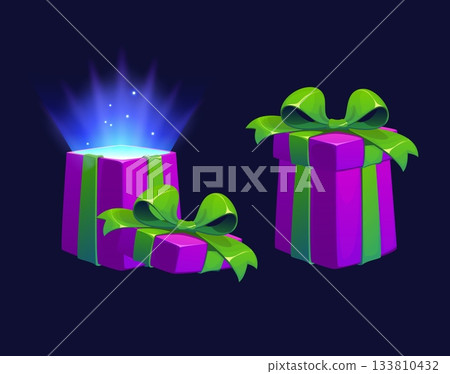 Cartoon open Christmas magic gift surprise box, glowing game present. Vector UI open mystery giftbox with blue light rays, ribbon bow and neon sparkles. Magic game gift, prize or award mystery box Cartoon open Christmas magic gift surprise box, glowing game present. Vector UI open mystery giftbox with blue light rays, ribbon bow and neon sparkles. Magic game gift, prize or award mystery box 133810432