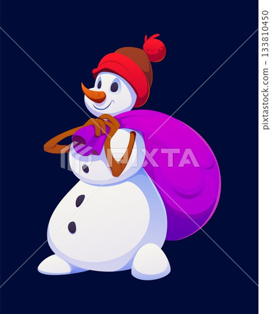 Cartoon Christmas snowman character for winter holiday with gifts bag, vector personage. Funny snowman in knitted hat and carrying sack of New Year presents for kids Christmas holiday character Cartoon Christmas snowman character for winter holiday with gifts bag, vector personage. Funny snowman in knitted hat and carrying sack of New Year presents for kids Christmas holiday character 133810450