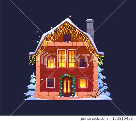 Winter Christmas house, cartoon vector cozy snowy village cabin with glowing light in windows. European cottage facade with chimney and bright rooftop decorations exudes night holiday town atmosphere Winter Christmas house, cartoon vector cozy snowy village cabin with glowing light in windows. European cottage facade with chimney and bright rooftop decorations exudes night holiday town atmosphere 133810456