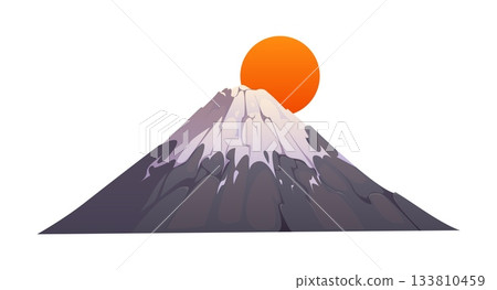 Cartoon Japanese Fuji mountain with an orange sun setting or rising behind it. Isolated vector summit with a snow capped peak and rounded rock textures. Famous landmark of Japan country 133810459