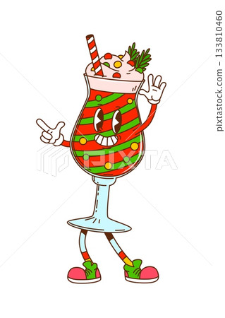 Groovy Christmas cocktail character with stripes and whipped cream. Funky vector drink mascot with red green layers and fir branches. Cute funny personage for winter party sticker and cozy xmas menu 133810460