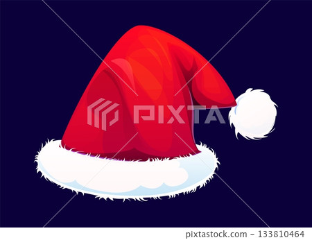 Santa hat or Christmas winter holiday cap with fur pompon, vector cartoon icon. Xmas and New Year red Santa hat with fur pompom for party costume garment and winter holiday greeting Santa hat or Christmas winter holiday cap with fur pompon, vector cartoon icon. Xmas and New Year red Santa hat with fur pompom for party costume garment and winter holiday greeting 133810464