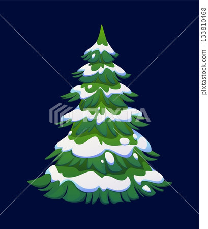 Cartoon Christmas fir tree in snow for winter holiday, vector decoration. Green fir or pine tree in winter forest with branches covered with snow for New Year, Xmas, and Christmas holidays Cartoon Christmas fir tree in snow for winter holiday, vector decoration. Green fir or pine tree in winter forest with branches covered with snow for New Year, Xmas, and Christmas holidays 133810468