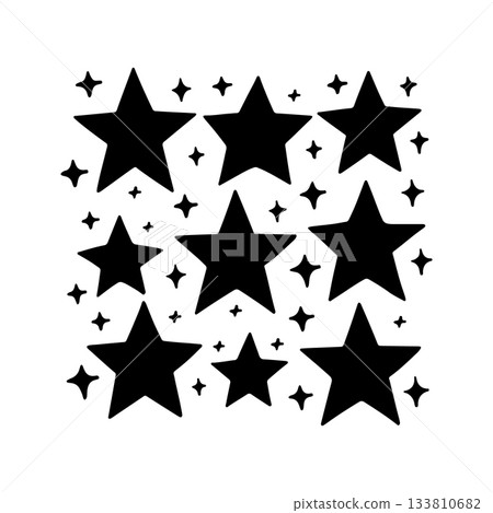 Artistic design featuring a variety of star shapes in black against a white background for creative projects Artistic design featuring a variety of star shapes in black against a white background for creative projects 133810682