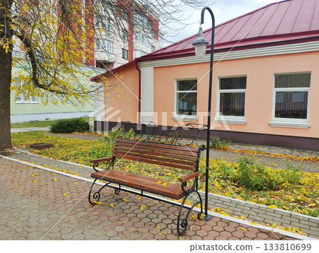 Empty wooden park bench and street lamp on paved walkway, autumn day scene. Yellow leaves cover ground and stone pavement. Buildings with red roof and residential block visible in urban setting. 133810699