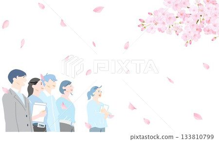 櫻花下的男女——側臉——上半身——新生——簡約向量插圖，背景是飄落的櫻花和人群。 133810799