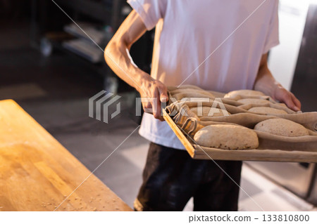 Professional baker hands holding wooden tray with proofing cloth containing multiple raw loaves of sourdough bread dough preparing for baking process in commercial kitchen 133810800