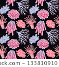 Seamless pattern with colorful corals. Watercolor illustration of underwater marine animals. Hand-drawn art. Background for decorative projects, fabrics, textiles, packaging and wallpaper 133810910