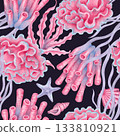 Seamless marine pattern with corals, shells, seaweed, and a starfish. Watercolor illustrations of underwater animals. Hand drawn isolated art. Wild nature for fabric, paper, wallpaper, and textiles. 133810921
