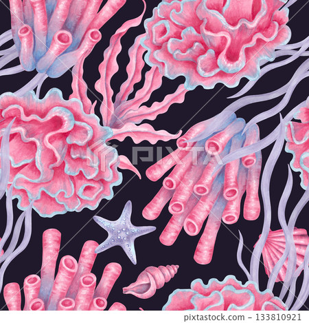Seamless marine pattern with corals, shells, seaweed, and a starfish. Watercolor illustrations of underwater animals. Hand drawn isolated art. Wild nature for fabric, paper, wallpaper, and textiles. Seamless marine pattern with corals, shells, seaweed, and a starfish. Watercolor illustrations of underwater animals. Hand drawn isolated art. Wild nature for fabric, paper, wallpaper, and textiles. 133810921