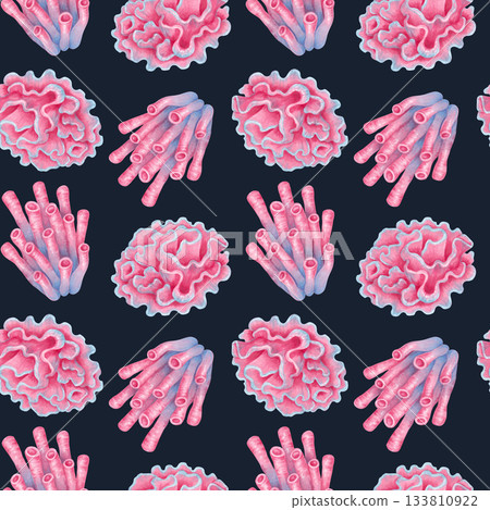 Seamless watercolor marine pattern with elements of a pink coral reef. Stylized underwater animals. Hand drawn isolated illustration. Image for natural designs, fabrics, textiles and packaging. 133810922