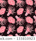 Peachy sea anemones and bushy corals. Seamless pattern with marine animals on a dark background. Watercolor illustration. Hand drawn isolated image. Design for nature, fabric and textile themes. 133810923