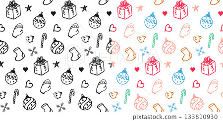 Winter holiday seamless pattern. Outline isolated Christmas element, free hand drawn doodle cartoon style. Black or Colourful marker texture brush stroke, white background. Cute vector illustration 133810930