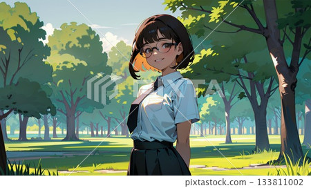 秋日公園站著的高中女生 133811002