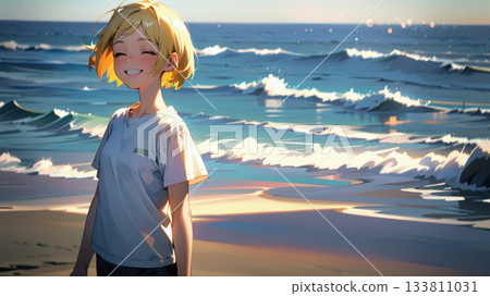 A woman standing on the beach at dusk 133811031