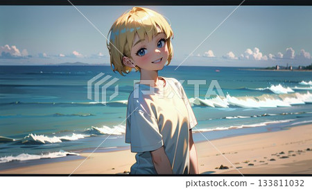 A woman standing on the beach at dusk 133811032