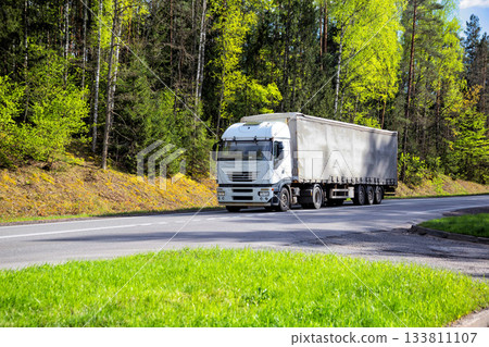 Modern truck transports cargo against the backdrop of forest and sun in summer, beautiful sky with clouds. Logistics company delivering cargo on international routes. Copy space for text. Freight Modern truck transports cargo against the backdrop of forest and sun in summer, beautiful sky with clouds. Logistics company delivering cargo on international routes. Copy space for text. Freight 133811107